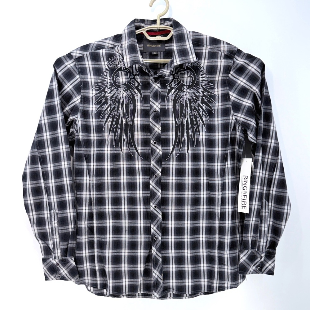 Ring of Fire Shirt Mens Large Black Plaid New Embroidered Wings Snap Button L - Picture 2 of 11